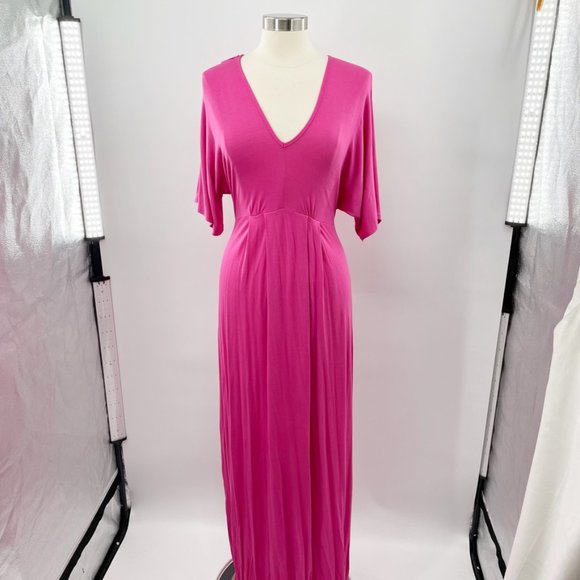 Asos Maternity Womens Hot Pink V-Neck Pleated Maxi Dress  Size 4  Pull On NEW - Picture 1 of 13